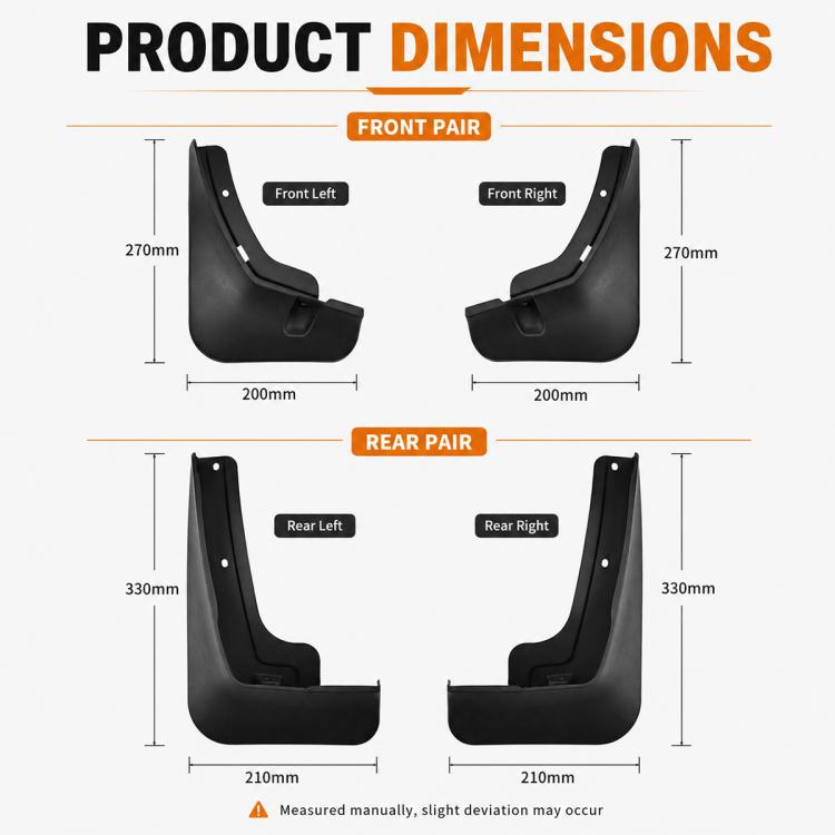 Splash flap dimensions chart showing front and rear black flap size measurements