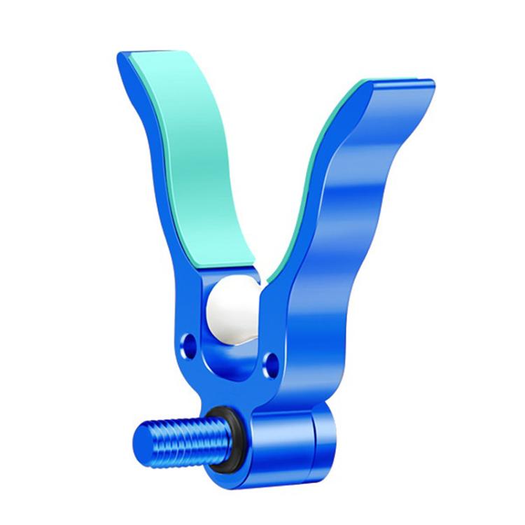 U-shaped fishing rod rest with rotatable roller, blue and teal bracket
