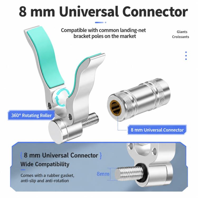 U-shaped fishing rod rest with rotatable roller and 8 mm universal connector, teal bracket