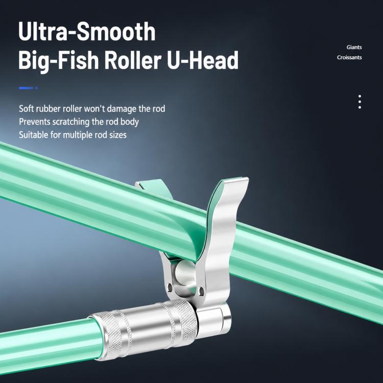 Aluminum alloy U-shaped roller rod holder with teal roller pads on a fishing rod