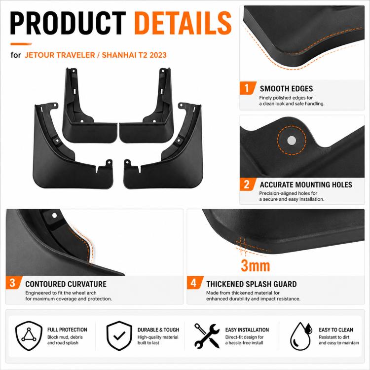 Black splash guard mud flaps set, showing smooth edges and mounting holes