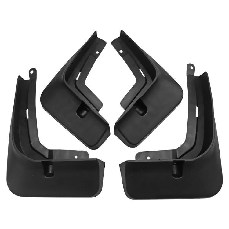 Four-piece set of black front and rear mud flaps with mounting holes