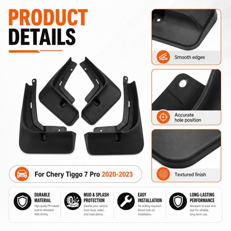 Black mud flaps set with smooth edges and textured surface, includes screw hole