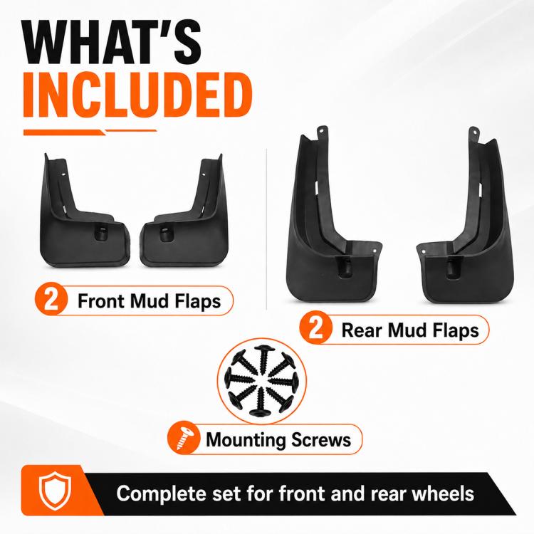What’s included: front and rear black mud flaps with mounting screws