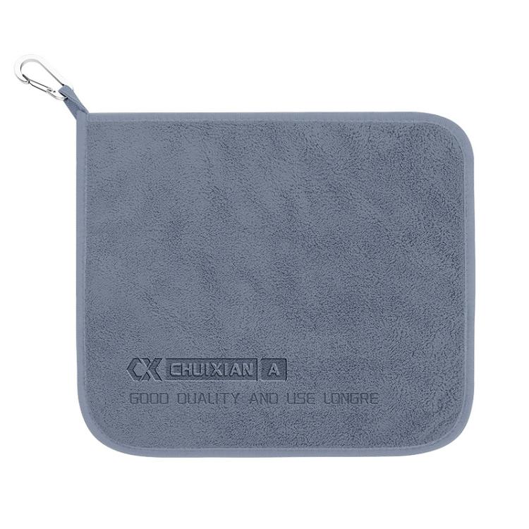 Dark gray microfiber fish handling towel with carabiner clip, rectangular pocket
