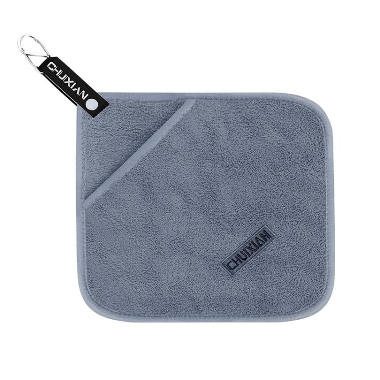 Dark gray microfiber fish handling towel with hanging tag, folded corner