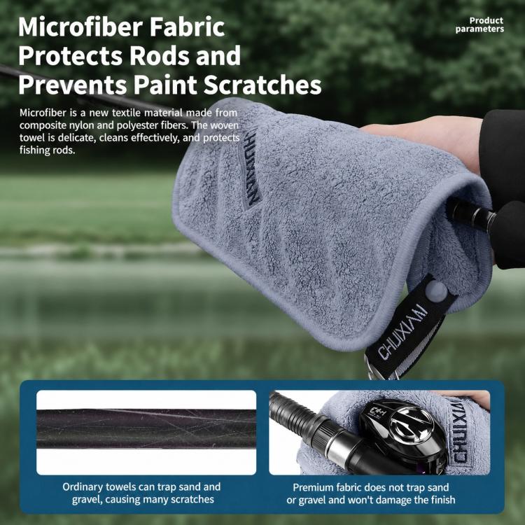 Dark gray microfiber fishing towel with carabiner clip and textured surface