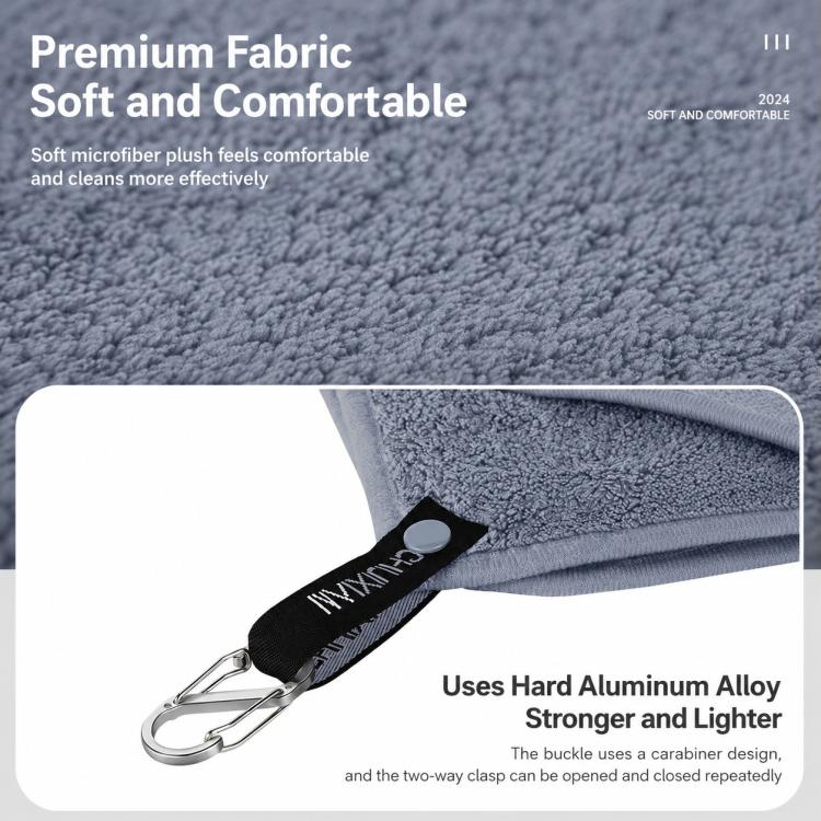Dark gray microfiber fishing towel with metal carabiner clip and stitched edge