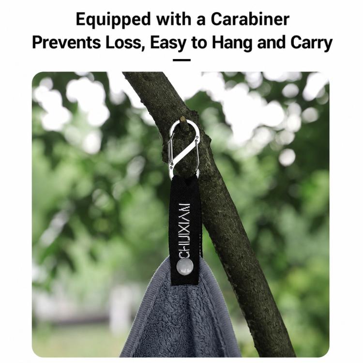 Fishing handling towel with hanging carabiner clip, dark gray plush fabric