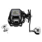 Black baitcasting reel with digital line display and crank handle, silver spool knobs