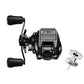 Black baitcasting reel with digital line display, dual crank handles, silver spool knobs