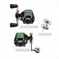 Black baitcasting reel with digital display, USB and solar charging versions shown