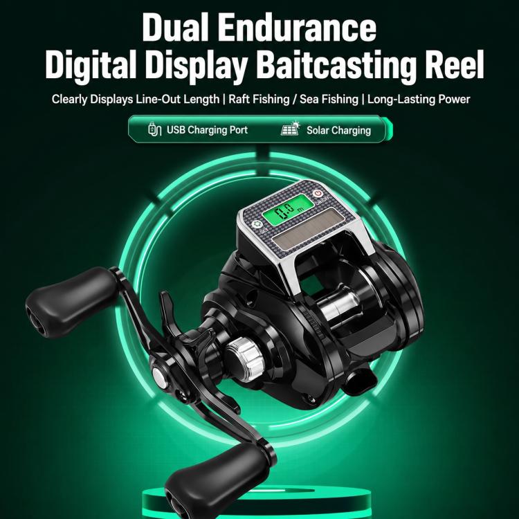 Black digital display baitcasting reel with green glowing charging ring