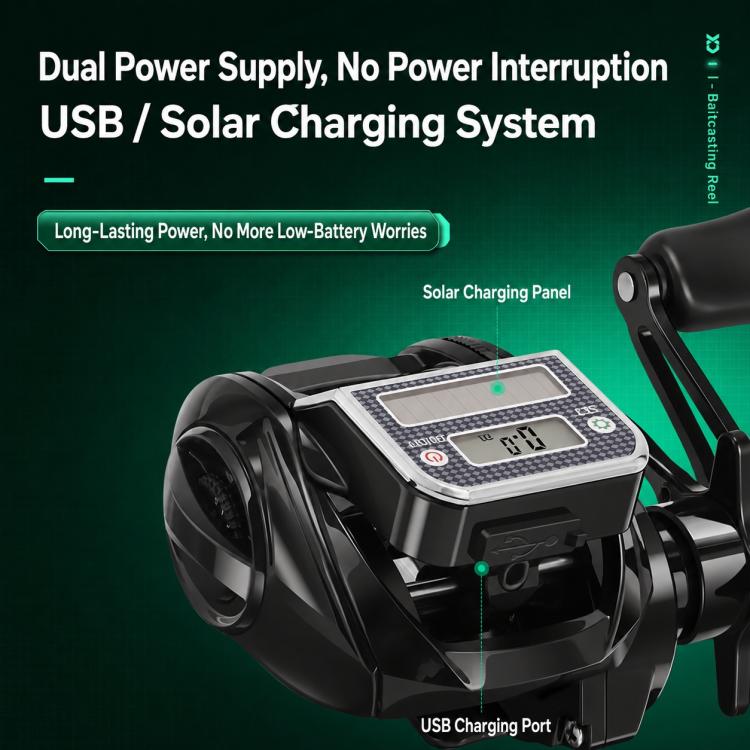 Black baitcasting reel with solar charging panel and USB charging port, digital screen