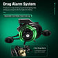 Black baitcasting reel with digital screen and green drag-alarm light effects