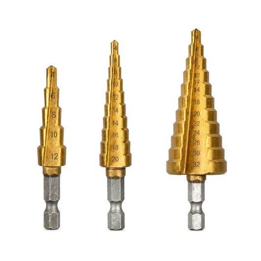 Hexagonal Shank Metal High-speed Steel Pagoda Drill Bit, 15 Stage Spiral Step Drill, 3pcs 5-9 Stage Straight Groove, 3pcs 5-15 Stage Spiral Groove, 3pcs 5-15 Stage Straight Drilling, 3pcs 5-9 Stage Sharp Straight Drill, 11 Stage Straight Drill