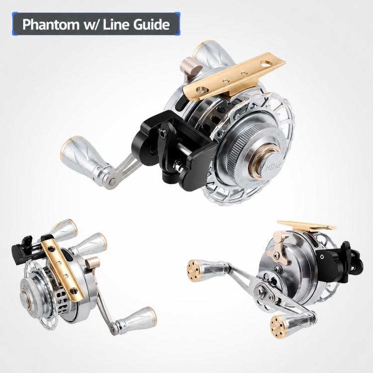 Fishing reel set showing main reel and side view with dual silver handles