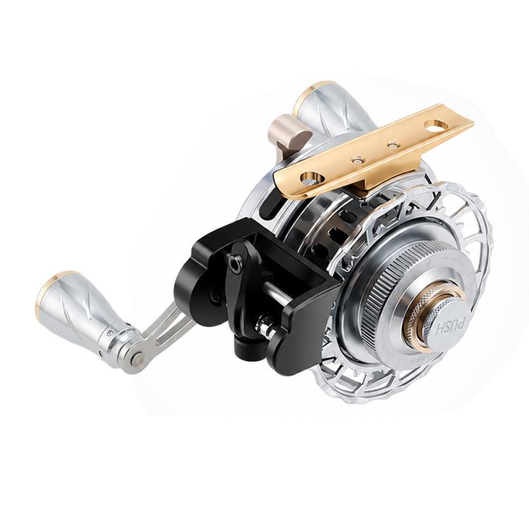 Metal fishing reel with gold mounting plate, silver spool, and gray handle grips