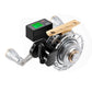 Fishing reel with black digital display box and silver spool, gold top plate