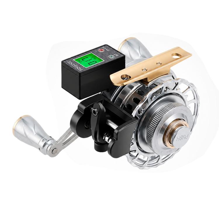 Fishing reel with black digital display box and silver spool, gold top plate