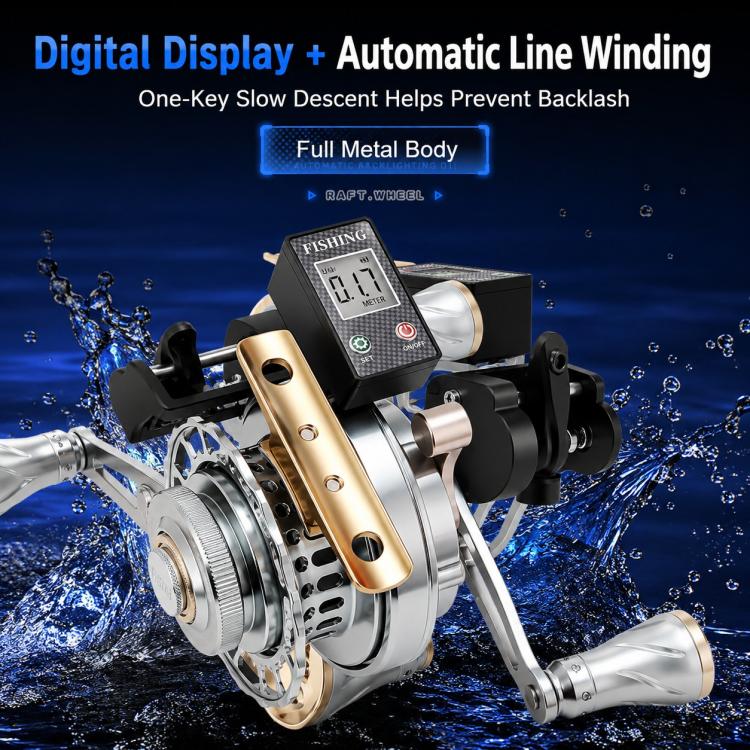 Fishing reel with digital display, automatic line winding, and full metal body