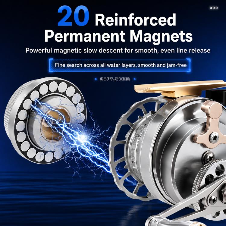 Reel close-up showing permanent magnet detail and gold crank on metal spool