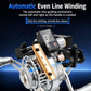 Fishing reel with automatic even line winding and digital meter display
