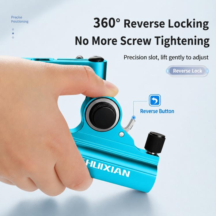 Blue reverse-locking knob on folding rod holder turret base