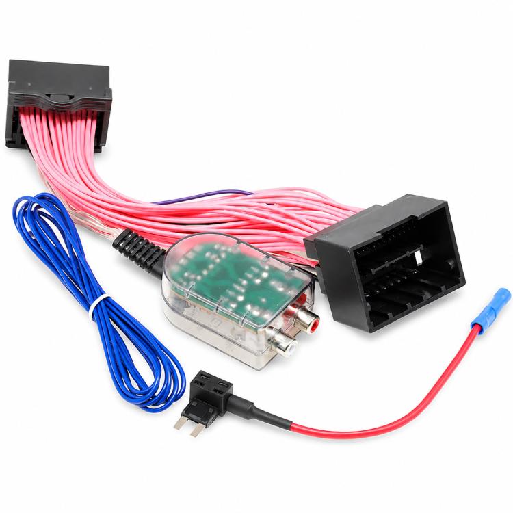 Car stereo subwoofer amplifier wiring harness with RCA converter module and power lead