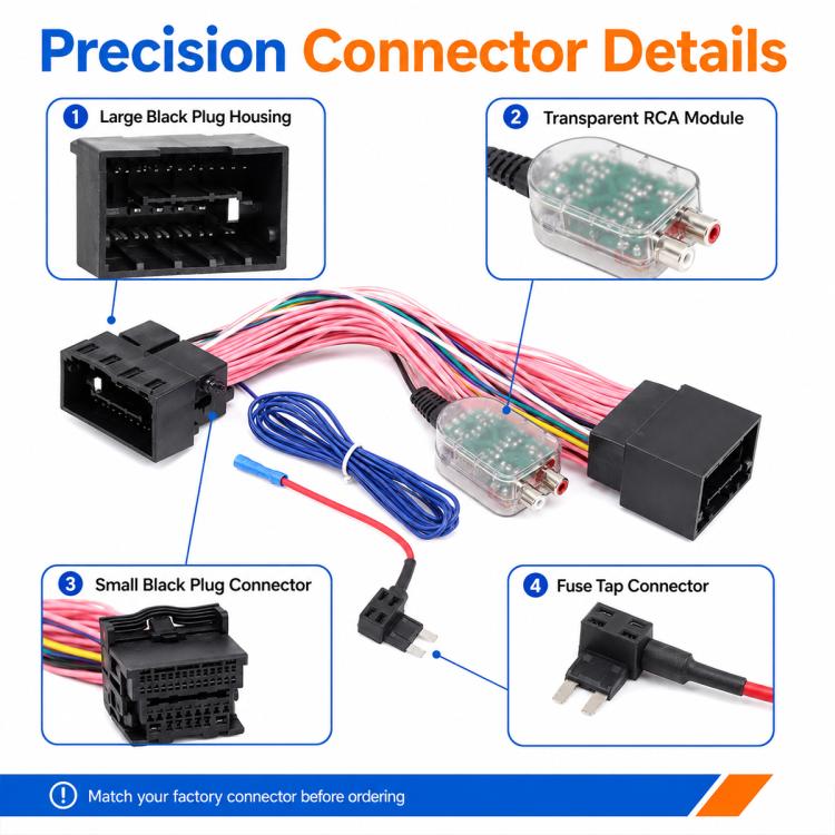 Wiring harness connector set with transparent RCA module, fuse tap, and black plug housings