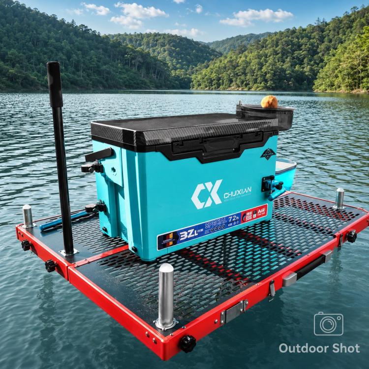 Umbrella holder mounts on outdoor fishing box with two foldable pole clamps