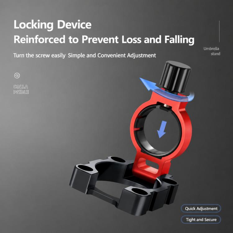 Red umbrella holder mount with locking screw post, ring clip on thick base