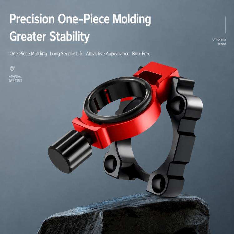 Red and black aluminum umbrella holder mount with foldable clamp, wind-resistant