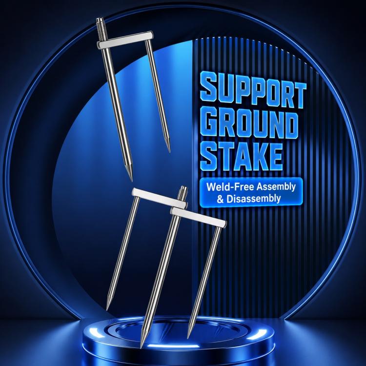 Set of umbrella ground stakes with threaded screw interfaces and metal 2- and 3-prong pegs