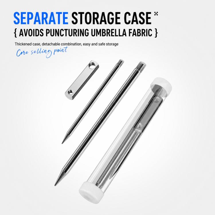 Ground stake with separate storage case for umbrella stake prongs and shafts