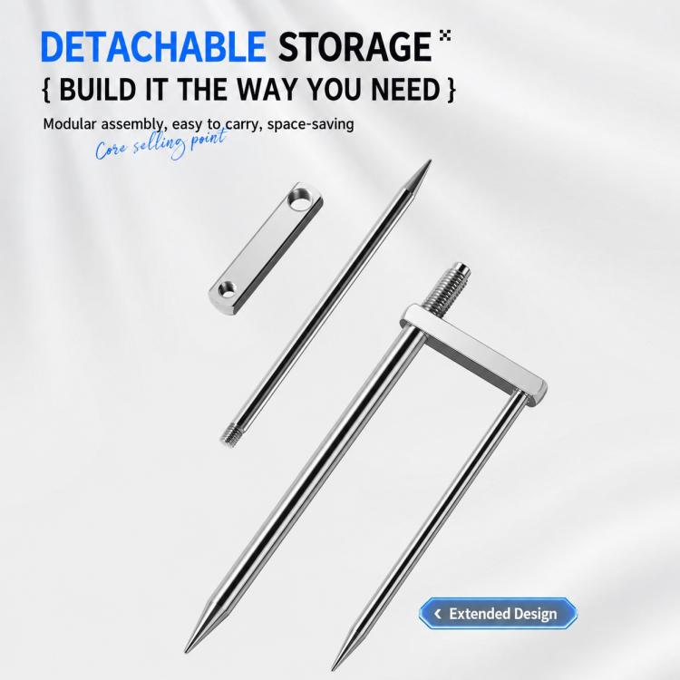 Chrome ground stake set with detachable storage rail and two stake prongs