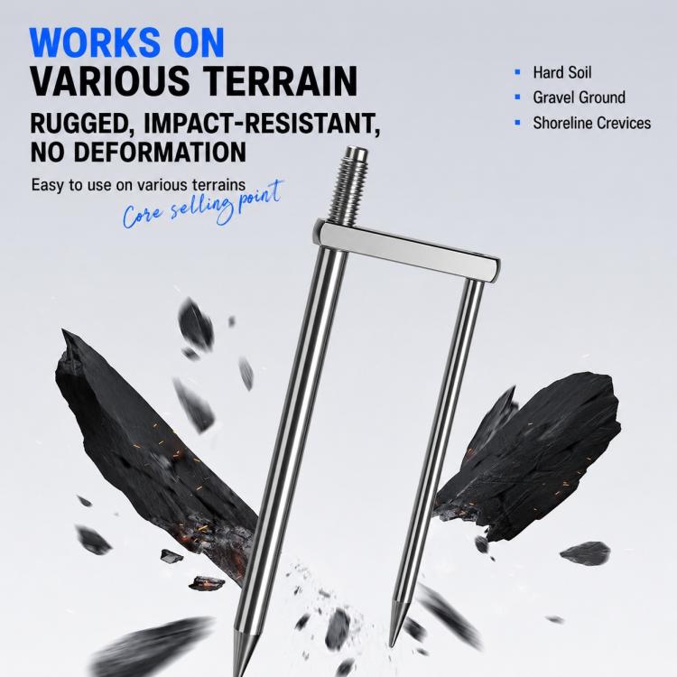 Ground stake with forked prongs for securing an umbrella on various outdoor terrains