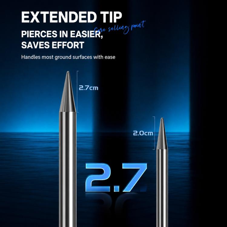 Extended tip chrome ground stake fork prongs for easier insertion into soil