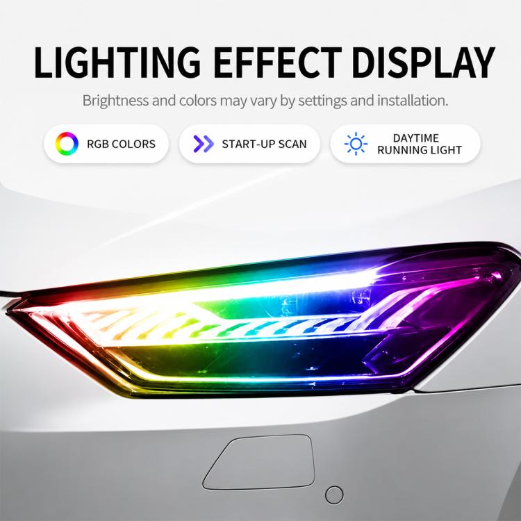 Close-up of RGB LED daytime running light strip with start-up scan pattern