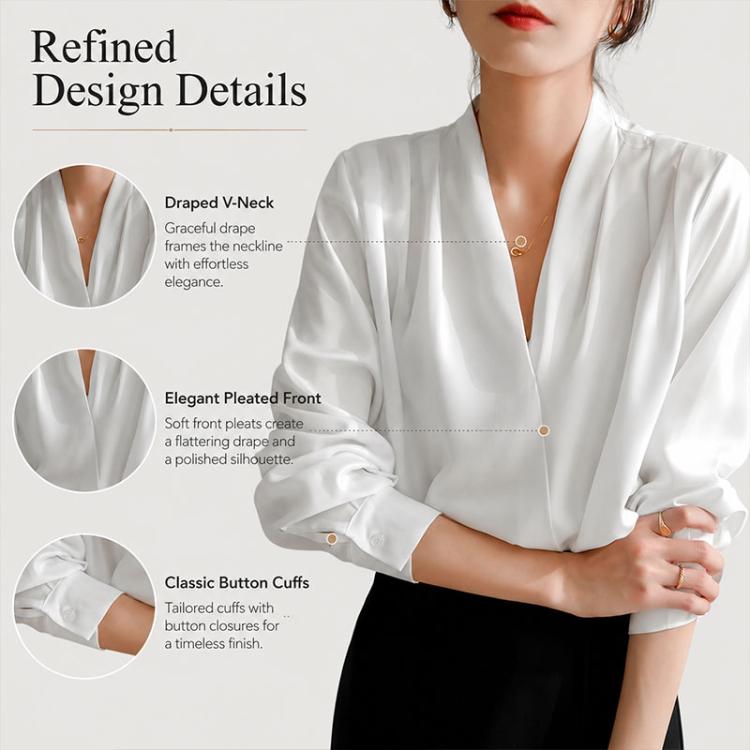 White satin V-neck blouse with pleated front and button cuff sleeves