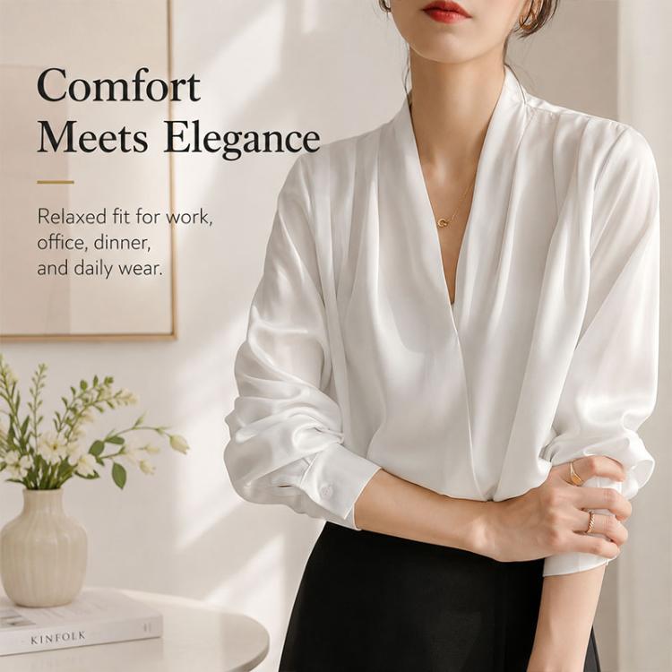 White satin V-neck blouse with long sleeves, relaxed fit, and pleated front