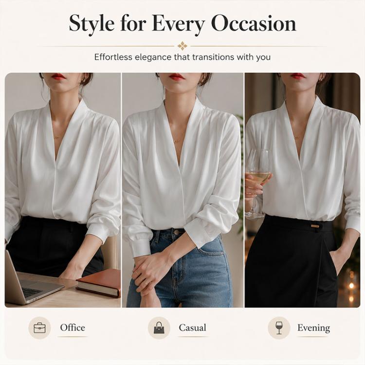 White satin V-neck blouse shown in three wear-style views