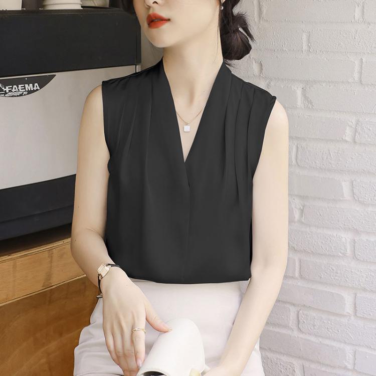 Black satin sleeveless blouse with V-neck, soft sheen, and front seam