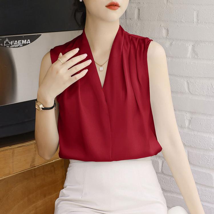 Red sleeveless satin blouse with V-neck and gathered front panel detail