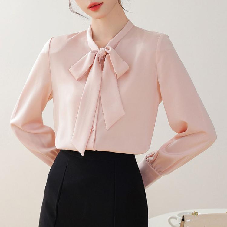 Pink satin bow-tie neck blouse with long sleeves, button front and gathered cuffs