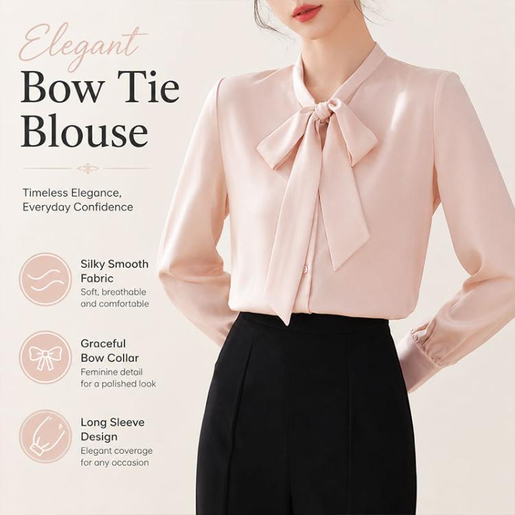 Pink satin bow-tie neck blouse featuring long sleeves and a tied collar bow