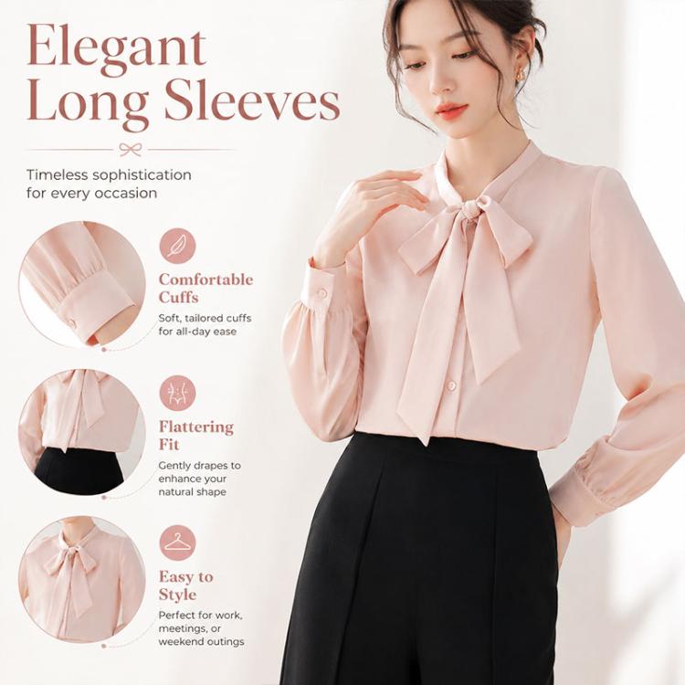Pink satin long-sleeve blouse with bow-tie neckline and buttoned center front