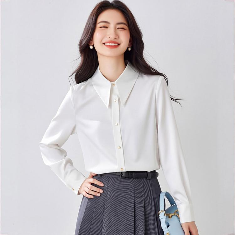 White satin pointed-collar long-sleeve blouse with button front