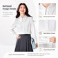 White satin long-sleeve blouse, sharp pointed collar and neat button closure