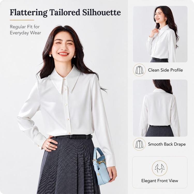 White satin long-sleeve blouse with pointed collar and front button placket